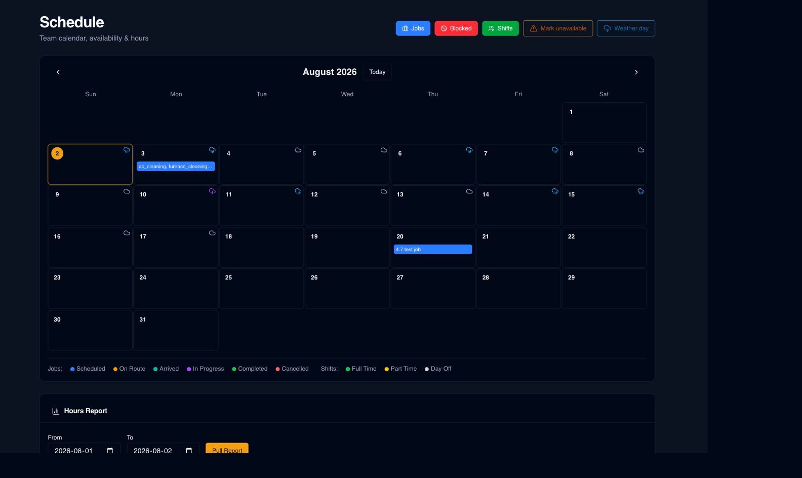 Opti-Terrain scheduling calendar with jobs, shifts, blocked time, and weather
